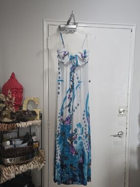 White & Blue Floral Maxi Dress with Spaghetti Straps